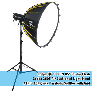 Godox QT600IIIM + A1Pro 18K Quick Open Parabolic SoftBox + Godox 260T Air Cushioned Light Stand - Arahan Photo